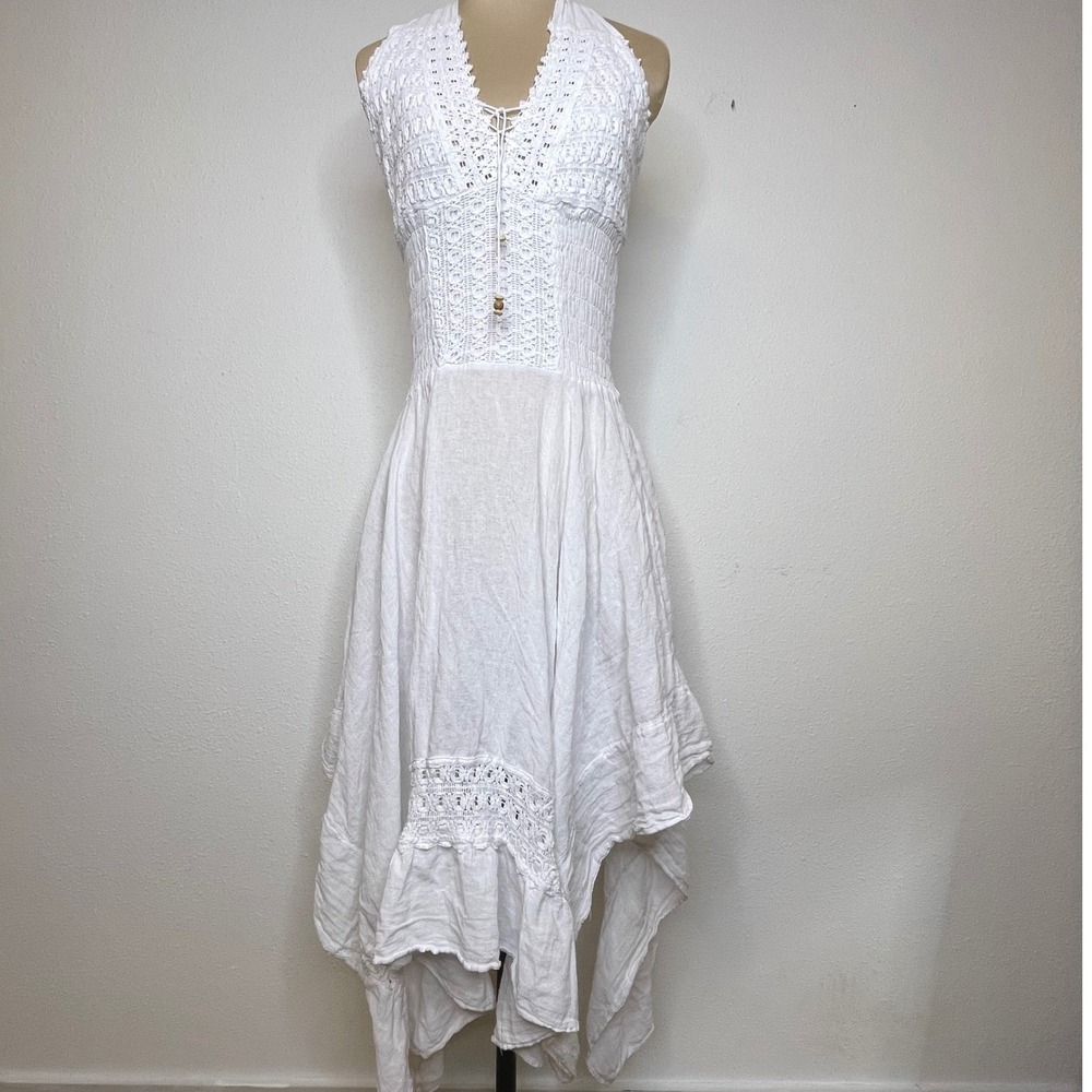 Y2K Boho Crochet Halter Dress S Handkerchief Hem White Fairy Festival